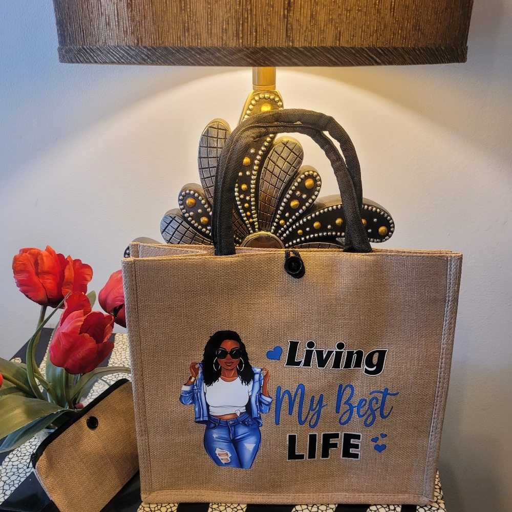 Stylish Tan Tote Bag with Artistic Design